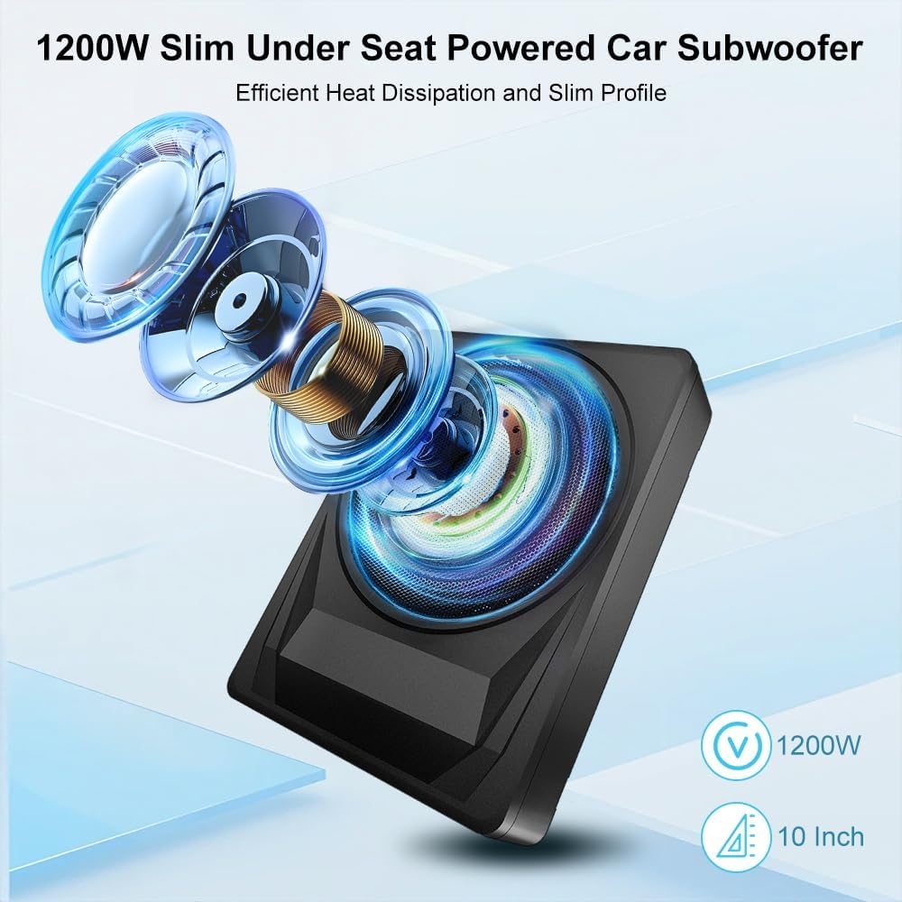 10 Inch 1200W Slim Under Seat Car Subwoofer with Built-in Amplifier - Powered Subwoofer for Car/Truck, High/Low Level Inputs, Remote Control, Enhanced Bass (14" L x 10.2" W x 3" H) - Image 2