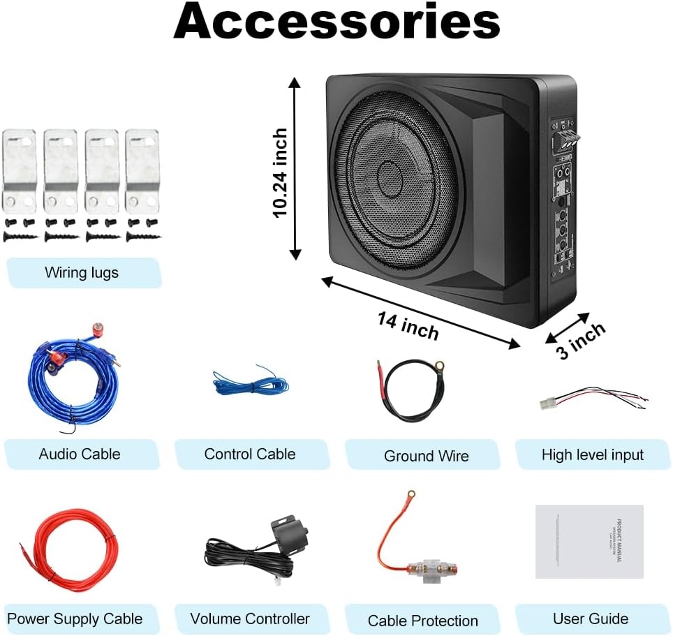 10 Inch 1200W Slim Under Seat Car Subwoofer with Built-in Amplifier - Powered Subwoofer for Car/Truck, High/Low Level Inputs, Remote Control, Enhanced Bass (14" L x 10.2" W x 3" H) - Image 8