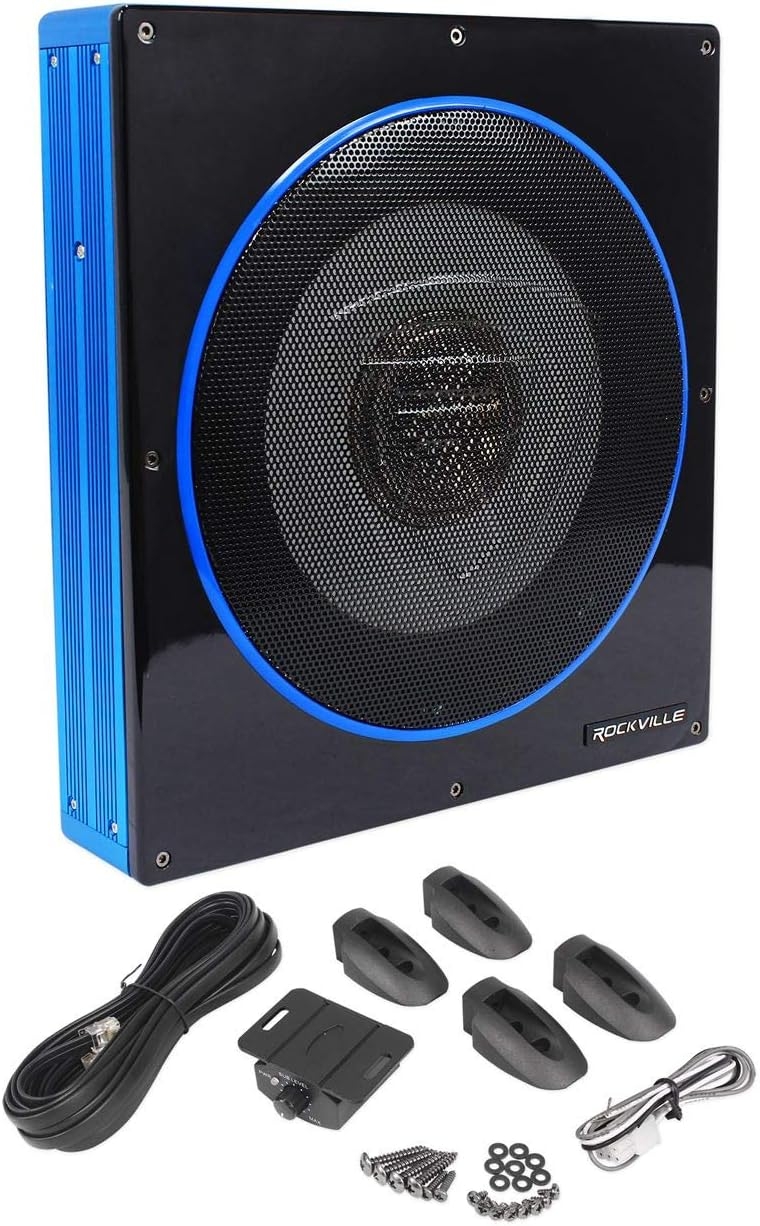 Rockville RW10CA 800W Peak Slim 10" Active Powered Car Subwoofer, Built-in Amp, Hardwired Remote Control, Low Profile Design for Compact Car Audio Systems