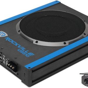 Rockville USS10 800W 10″ Slim Under-Seat Active Car/Truck Subwoofer, Built-in Amplifier, High-Level Inputs, Remote Bass Knob, PWM Power Supply