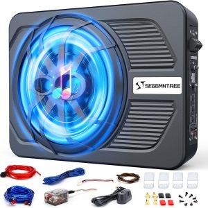 1000w Slim Under Seat Subwoofers with Amp,Car Subwoofer amp with Ambient Light,3.2″ Height Amplified Subs High/Low Level Input for Car/Truck Audio,Powered Subwoofer and Amp Package Wire Kit Deep Bass