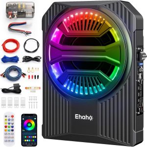Ehaho Slim Under Seat Subwoofers with AMP, 10 inch Powered Subwoofer with Amplifier and RGB Lights, APP and Remote Control for Music Sync and Lighting Chasing Effects, Car Truck Audio Subwoofer