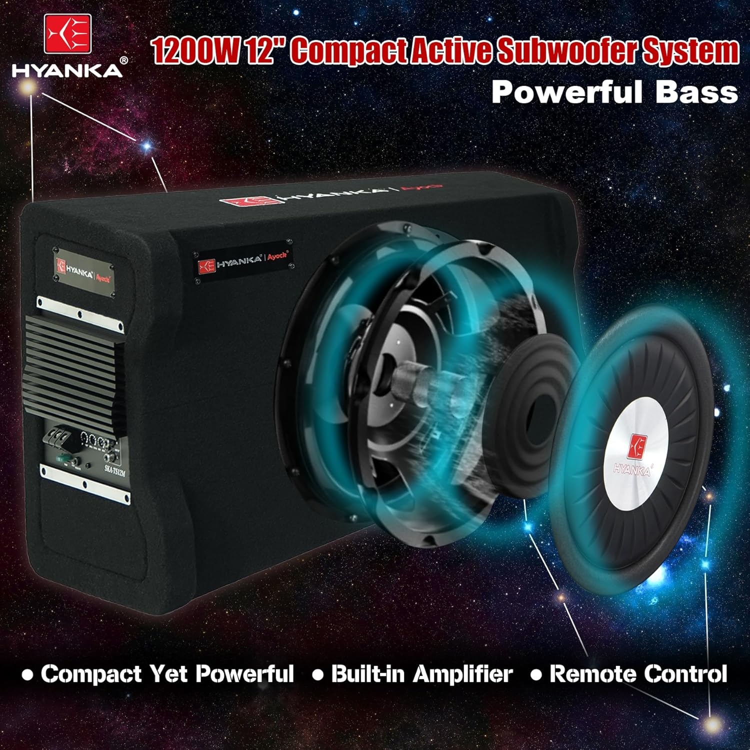 H YANKA AYOCK SKA-TS12M 12" Compact Active Subwoofer System, 1200W Car Audio Bass Subwoofer, 300W RMS SUB with Built-in Amplifier, Easy Installation, Powerful Deep Bass for Car Trunk - Image 2