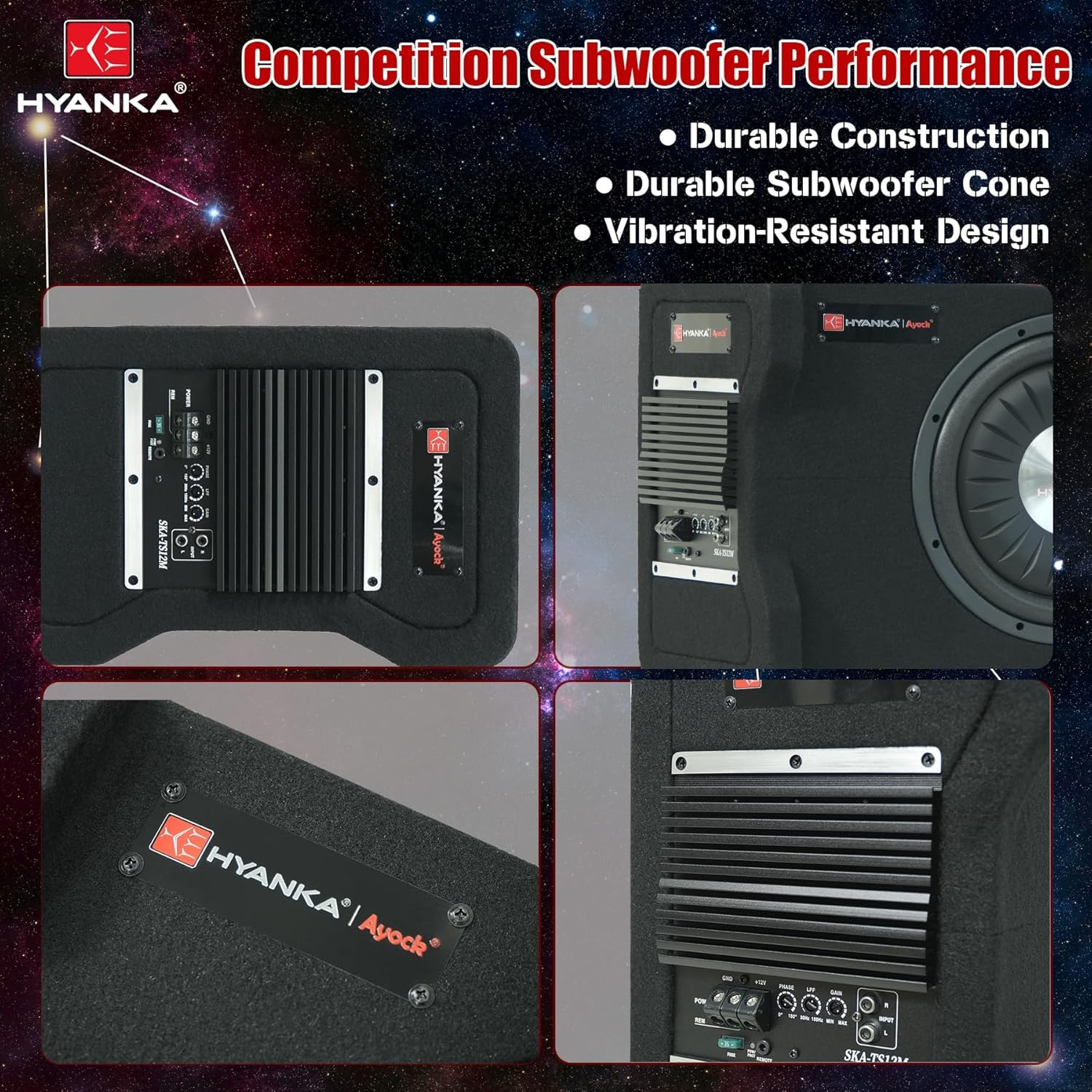 H YANKA AYOCK SKA-TS12M 12" Compact Active Subwoofer System, 1200W Car Audio Bass Subwoofer, 300W RMS SUB with Built-in Amplifier, Easy Installation, Powerful Deep Bass for Car Trunk - Image 3