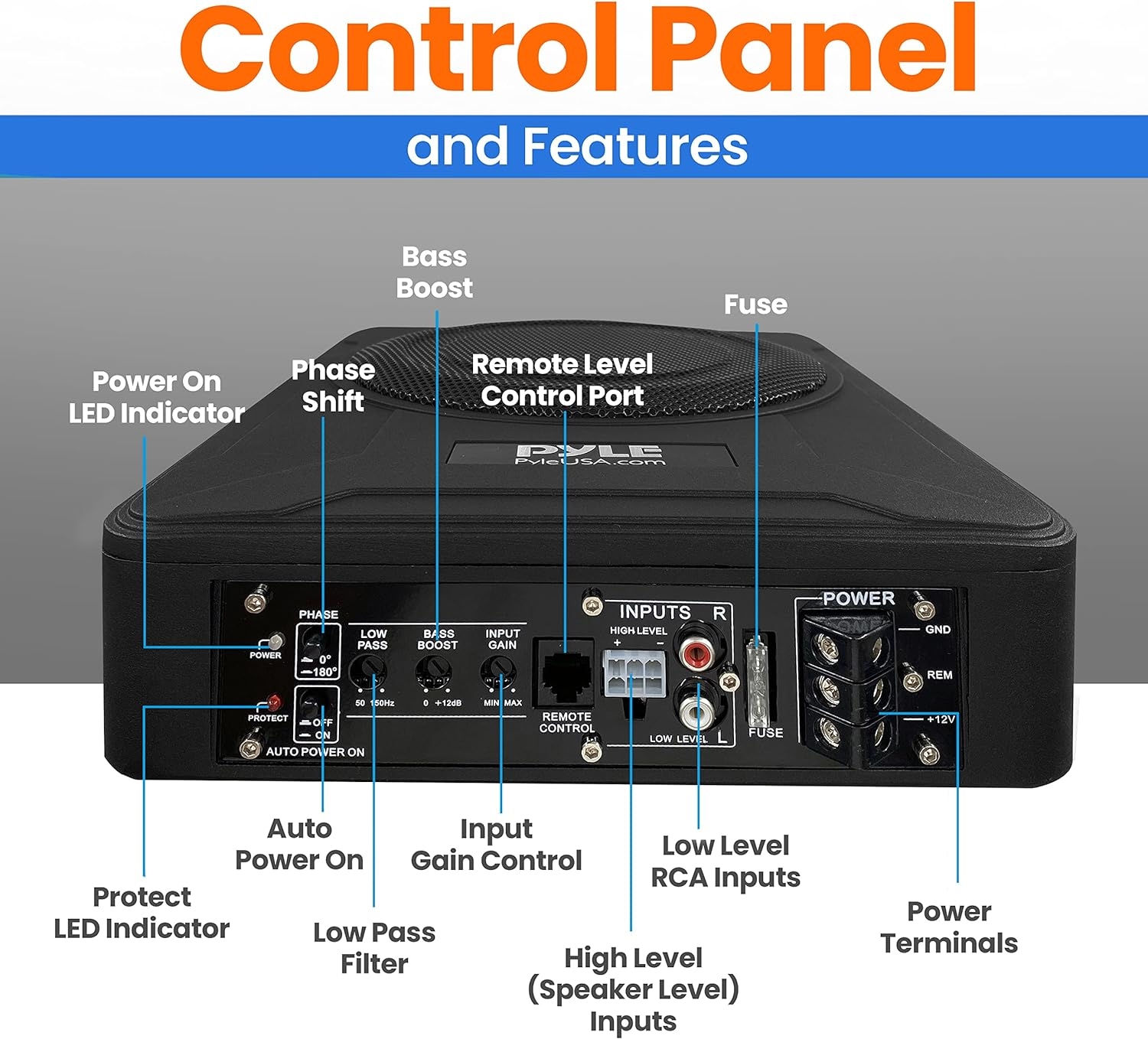 Pyle 8-Inch Low-Profile Amplified Subwoofer System - 600 Watt Compact Enclosed Active Underseat Car Audio Subwoofer with Built In Amp, Powered Car Subwoofer w/ Low & High Level Inputs - Pyle PLBX8A - Image 2
