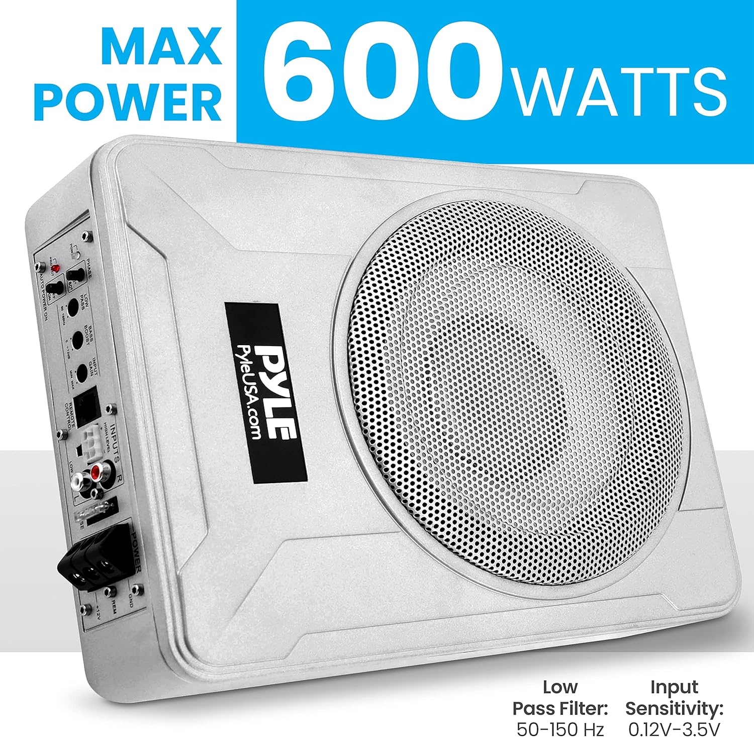 Pyle 8-Inch Low-Profile Amplified Subwoofer System - 600 Watt Compact Enclosed Active Underseat Car Audio Subwoofer with Built In Amp, Powered Car Subwoofer w/ Low & High Level Inputs - Pyle PLBX8A - Image 15