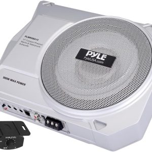 Pyle 10-Inch Low-Profile Amplified Subwoofer System – 900 Watt Compact Enclosed Active Marine Underseat Car Subwoofer with Built In Amp, Powered Car Subwoofer w/ Low & High Level Inputs