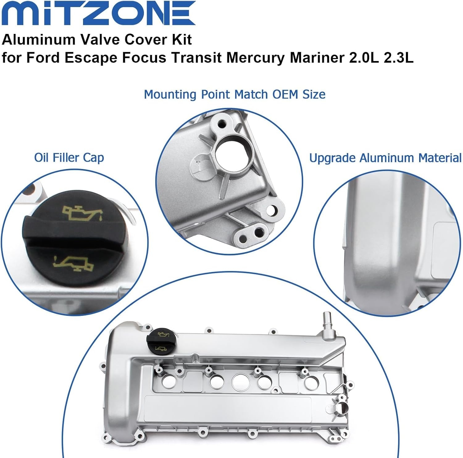 MITZONE Upgrade Aluminum Valve Cover compatible with 2005-2013 Ford Focus Escape Transit Connect Mariner 2.0L 2.3L Replace 4S4E6582C 4S4Z6582CA - Image 4