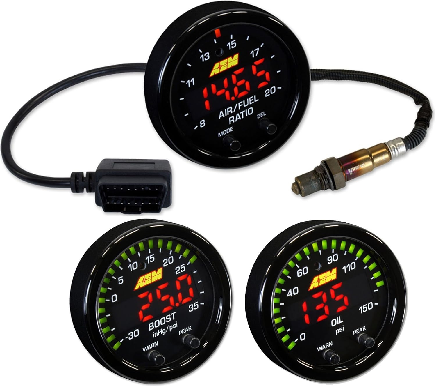 AEM X-Series 52mm UEGO A/F Ratio w/OBDII Gauge Set + Boost 35psi + Fuel or Oil Pressure 0-150psi
