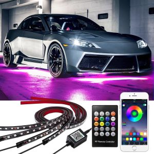 Smart RGB Car Underglow Kit with App & RF Remote – IP67 Waterproof, 16 Million Color LED Light Strips, Music Sync, Universal Fit for All Cars, Trucks, Vans – 12V DC Exterior Lighting