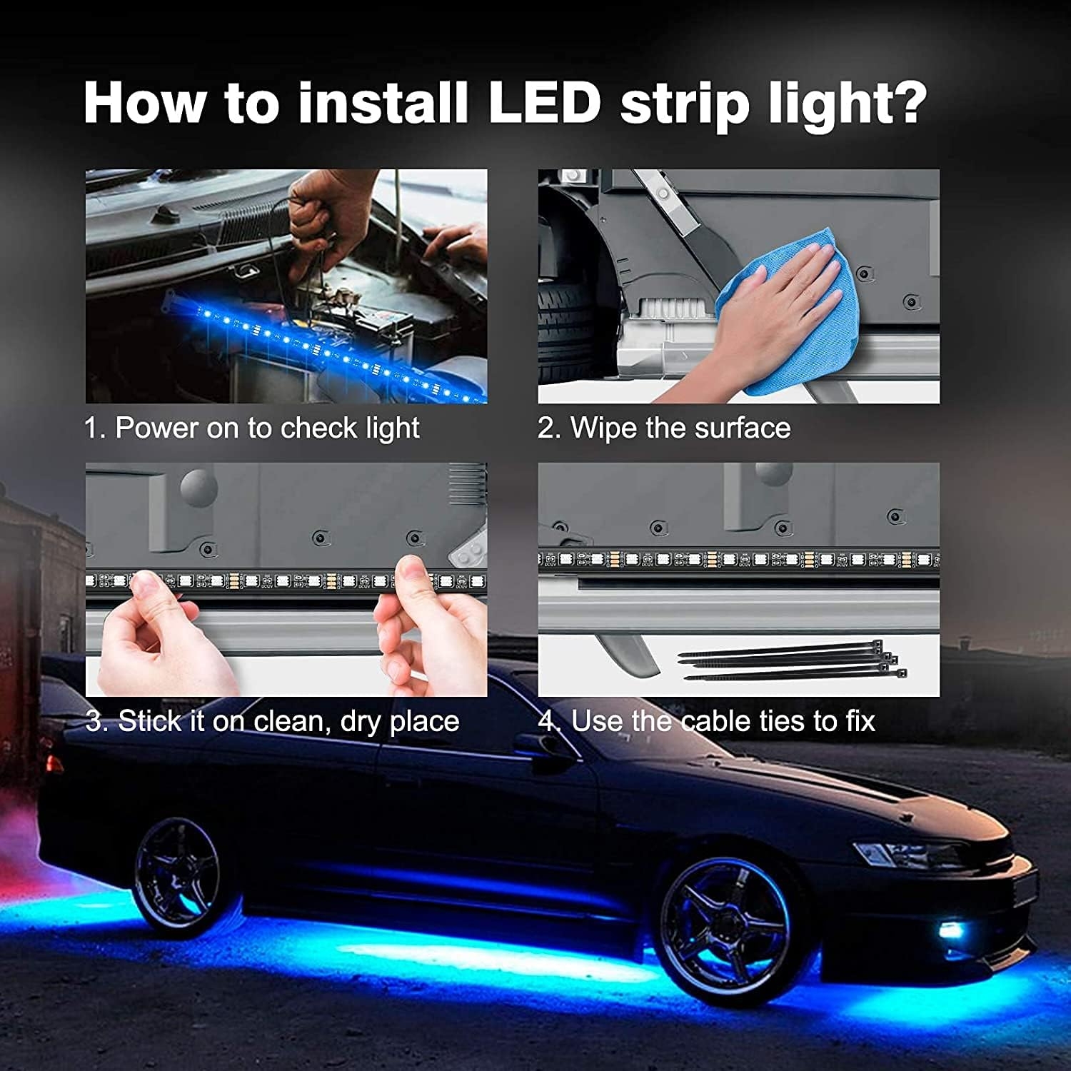 Smart RGB Car Underglow Kit with App & RF Remote - IP67 Waterproof, 16 Million Color LED Light Strips, Music Sync, Universal Fit for All Cars, Trucks, Vans - 12V DC Exterior Lighting - Image 7