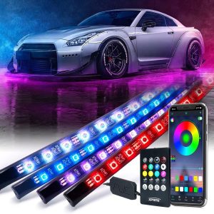 Xprite 4Pcs Underglow LED Lights for Cars, 8 Color RGB 252 LEDs Sound Active Function Music Mode Underglow Kit, Bluetooth APP & Remote Control, Waterproof Underbody Neon Strip Light for Car SUV Truck