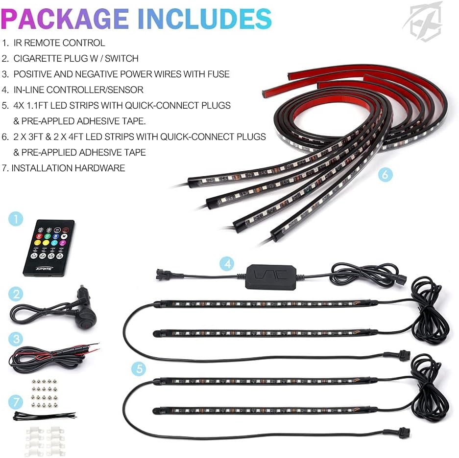Xprite Car Underglow Neon Accent Strip Lights, 4 Pcs RGB 252 LEDs Underglow Kit with Sound Active Function Music Mode - Wireless Remote, Exterior Car Lights Underbody Lighting for Truck SUV Van - Image 14