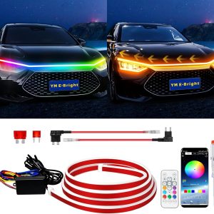 YM E-Bright Car Led Lights Exterior RGB Hood Light Strip Waterproof Multicolor Dynamic Scan Start Up Hoodbeam Kit DRL Daytime Running Lights for Cars,Truck,SUV,APP Control,12V 70inch