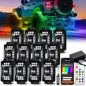 12 Pods Five Sided RGB Rock Lights for Trucks Jeep UTV SUV ATV Golf Cart, Multi Chasing Color App/Remote Control Led Rock Lights with Music Mode, Waterproof Exterior Underglow Kits for Cars
