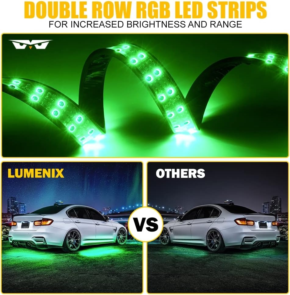 LUMENIX Double Row RGB LED Car Underglow Lights Kit, 4PCS Exterior Neon Accent Bluetooth Under Glow Light Strip for Cars SUVs Trucks Van, w/Dynamic Music & DIY Mode Underbody Chase Lights - Image 2
