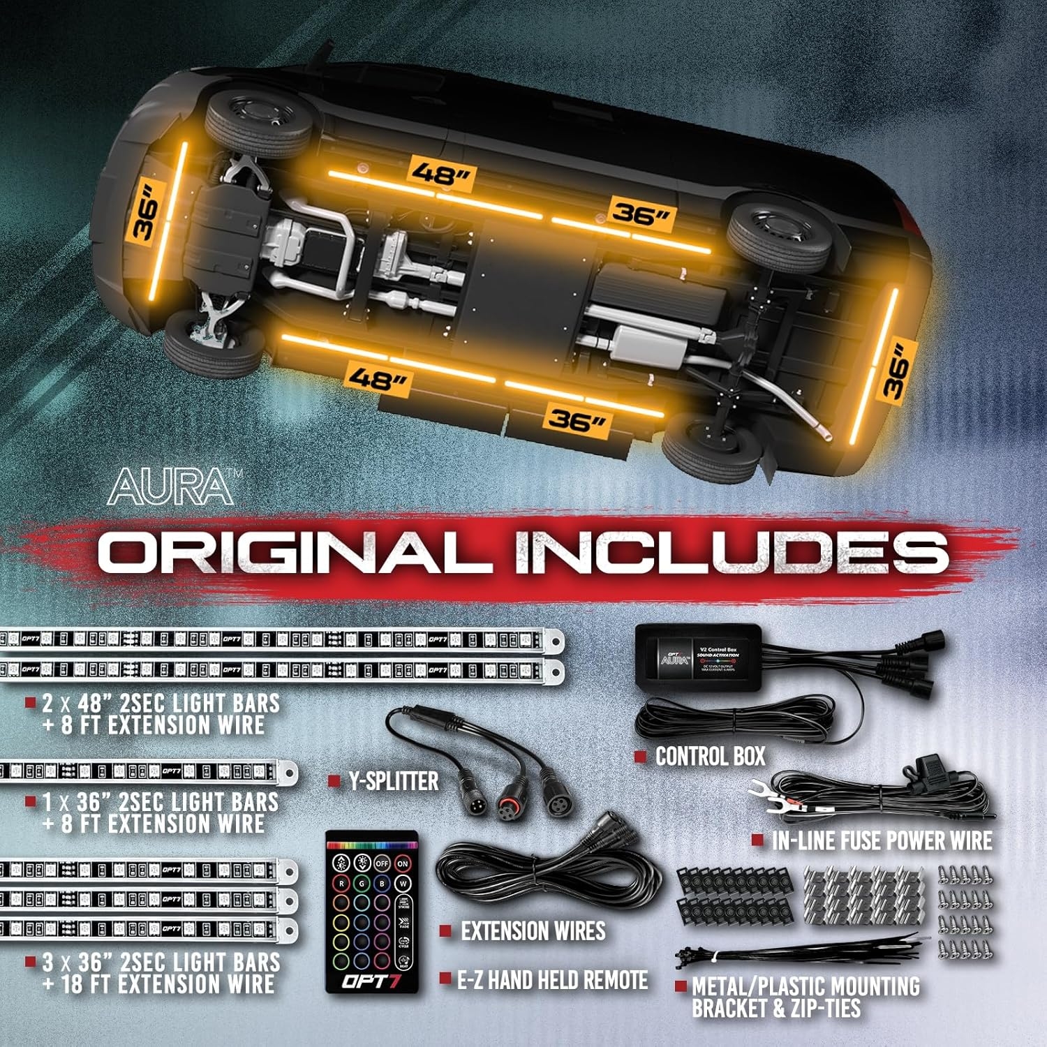 OPT7 Aura Aluminum Car Underglow Lights with Remote Control, Exterior Neon Accent Under Glow Kit for Cars, Waterproof Rigid Light Bars, Music Soundsync Lighting, RGB Multicolor LED Strip, 12V Decor - Image 16