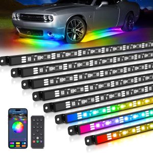 MICTUNING N8 Car Underglow Light Bar Kit, Chasing Color RGB+IC LED, Aluminum Exterior Underbody Multicolor Soundsync Neon Light Strip, Wireless App & Remote Control, IP68 Waterproof, 8PCS