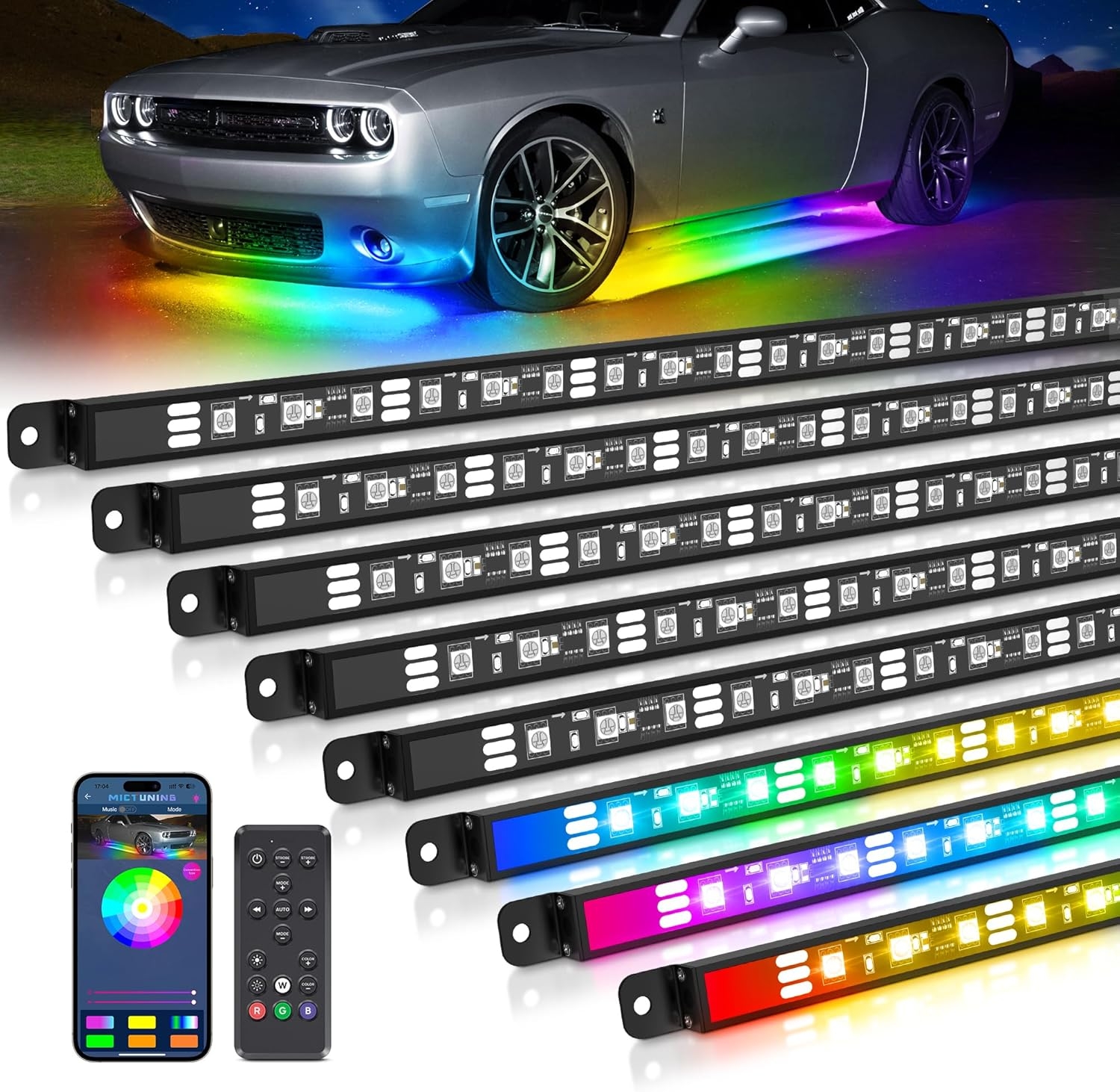 MICTUNING N8 Car Underglow Light Bar Kit, Chasing Color RGB+IC LED, Aluminum Exterior Underbody Multicolor Soundsync Neon Light Strip, Wireless App & Remote Control, IP68 Waterproof, 8PCS