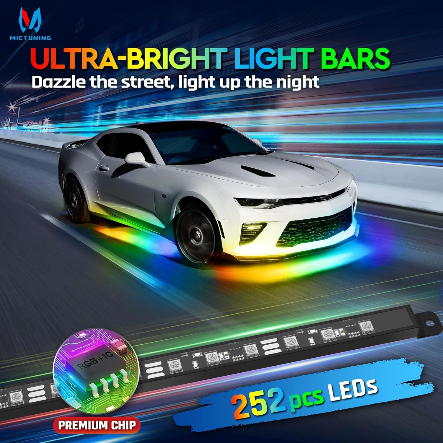 MICTUNING N8 Car Underglow Light Bar Kit, Chasing Color RGB+IC LED, Aluminum Exterior Underbody Multicolor Soundsync Neon Light Strip, Wireless App & Remote Control, IP68 Waterproof, 8PCS - Image 3