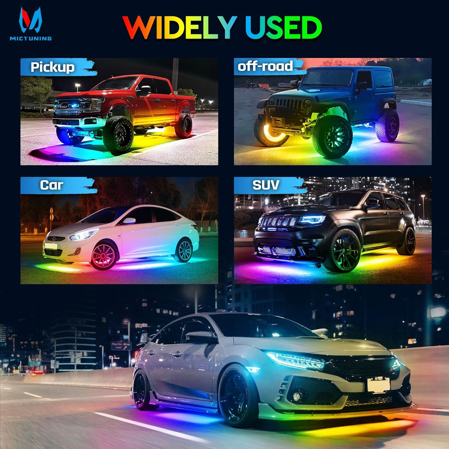 MICTUNING N8 Car Underglow Light Bar Kit, Chasing Color RGB+IC LED, Aluminum Exterior Underbody Multicolor Soundsync Neon Light Strip, Wireless App & Remote Control, IP68 Waterproof, 8PCS - Image 6