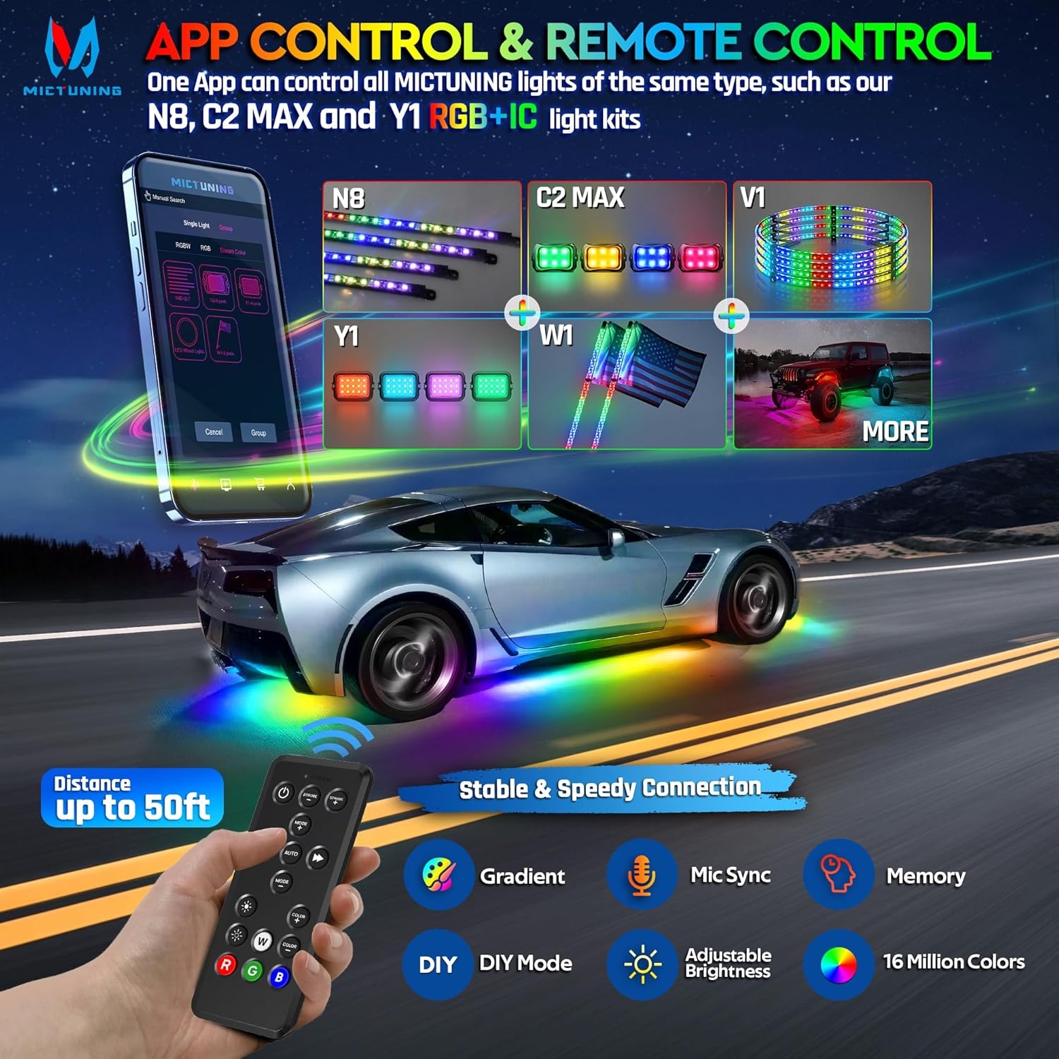 MICTUNING N8 Car Underglow Light Bar Kit, Chasing Color RGB+IC LED, Aluminum Exterior Underbody Multicolor Soundsync Neon Light Strip, Wireless App & Remote Control, IP68 Waterproof, 8PCS - Image 8