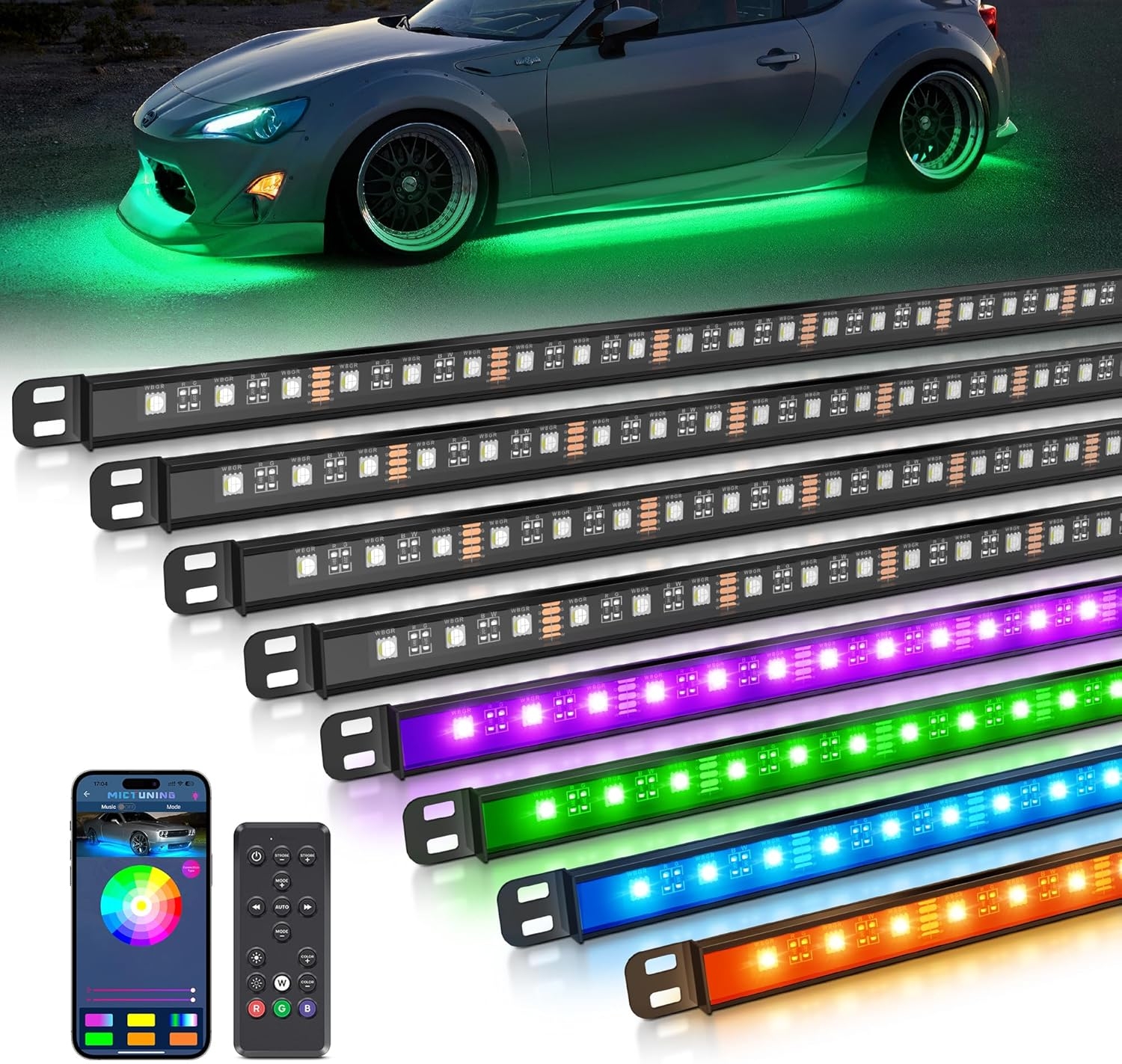 MICTUNING N8 Car Underglow Light Bar Kit, Chasing Color RGB+IC LED, Aluminum Exterior Underbody Multicolor Soundsync Neon Light Strip, Wireless App & Remote Control, IP68 Waterproof, 8PCS - Image 10