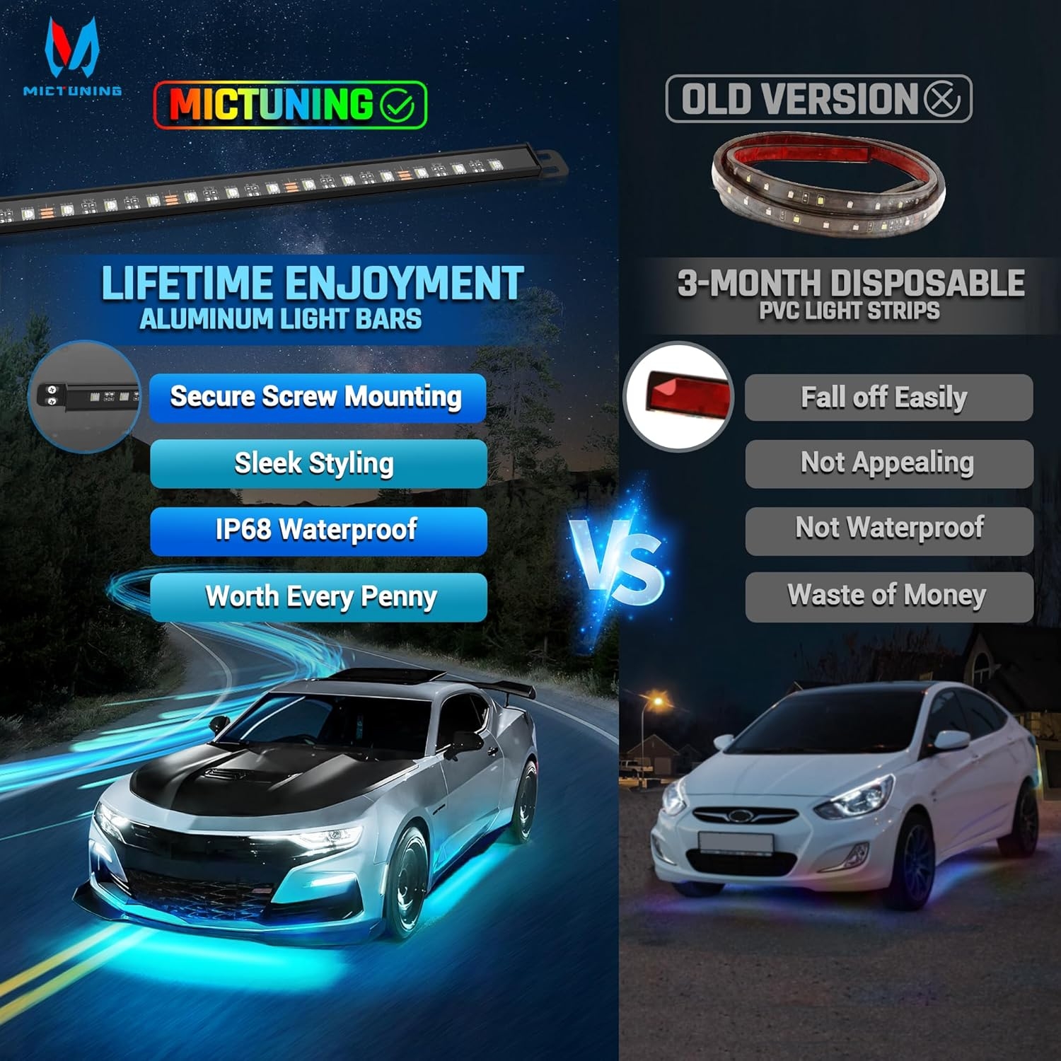 MICTUNING N8 Car Underglow Light Bar Kit, Chasing Color RGB+IC LED, Aluminum Exterior Underbody Multicolor Soundsync Neon Light Strip, Wireless App & Remote Control, IP68 Waterproof, 8PCS - Image 12