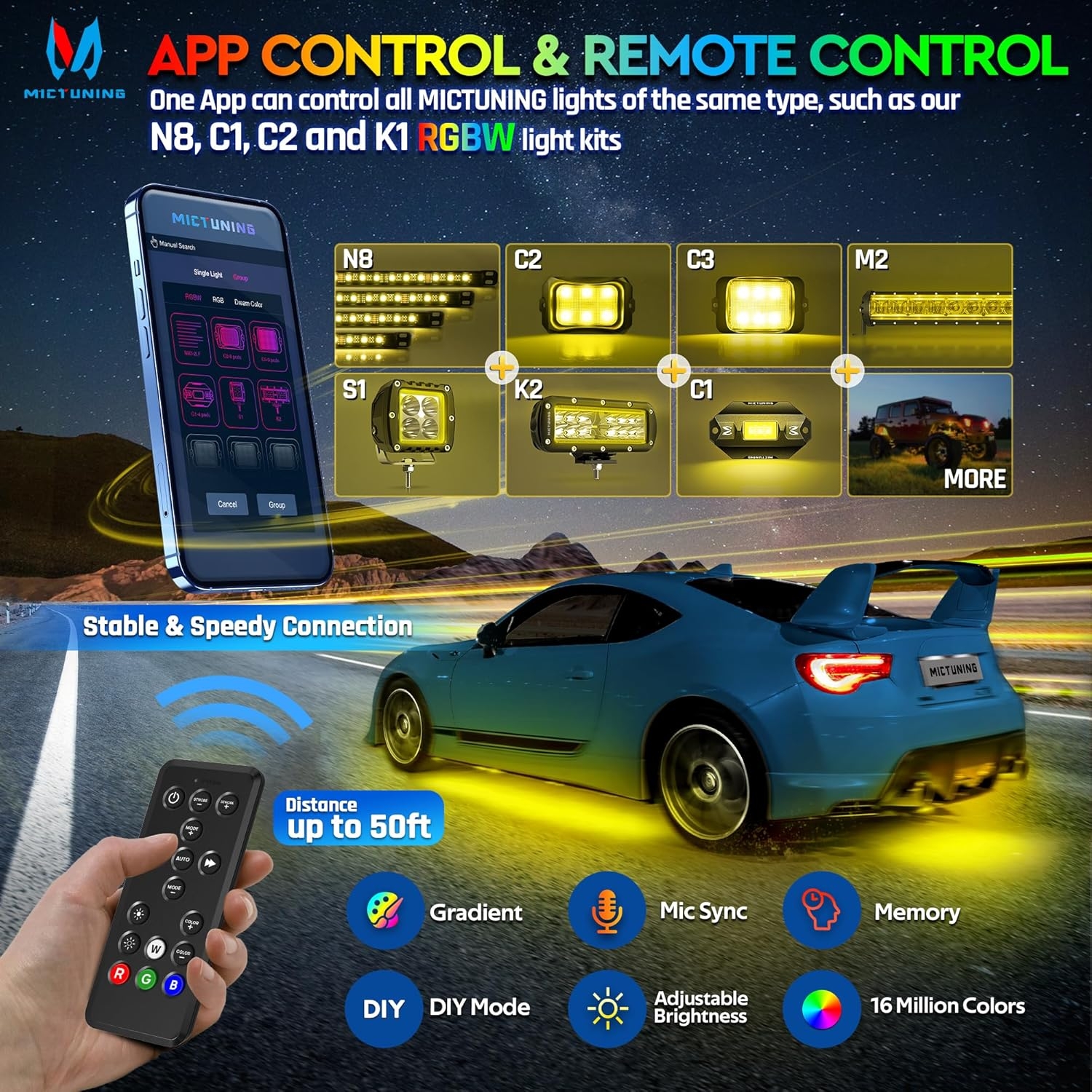 MICTUNING N8 Car Underglow Light Bar Kit, Chasing Color RGB+IC LED, Aluminum Exterior Underbody Multicolor Soundsync Neon Light Strip, Wireless App & Remote Control, IP68 Waterproof, 8PCS - Image 15