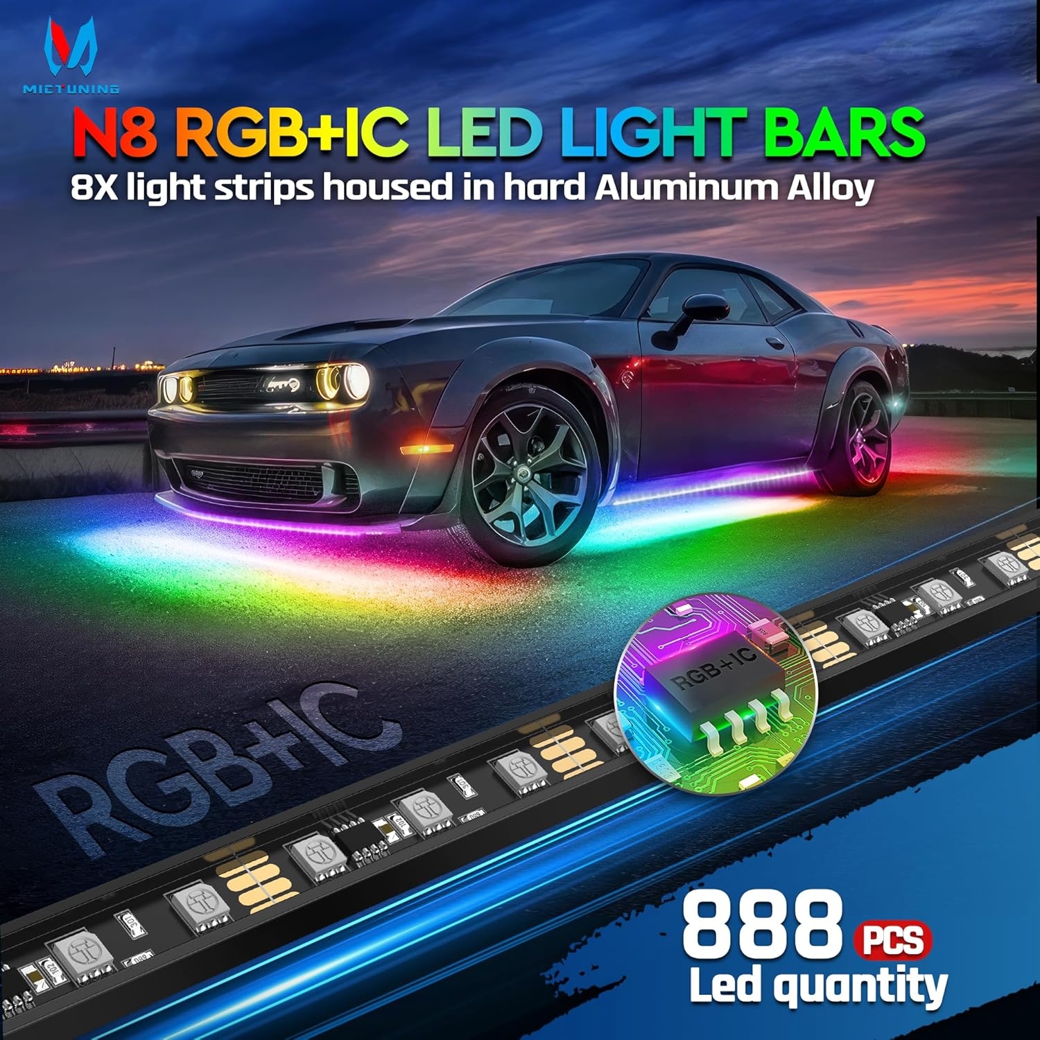 MICTUNING N8 Car Underglow Light Bar Kit, Chasing Color RGB+IC LED, Aluminum Exterior Underbody Multicolor Soundsync Neon Light Strip, Wireless App & Remote Control, IP68 Waterproof, 8PCS - Image 20