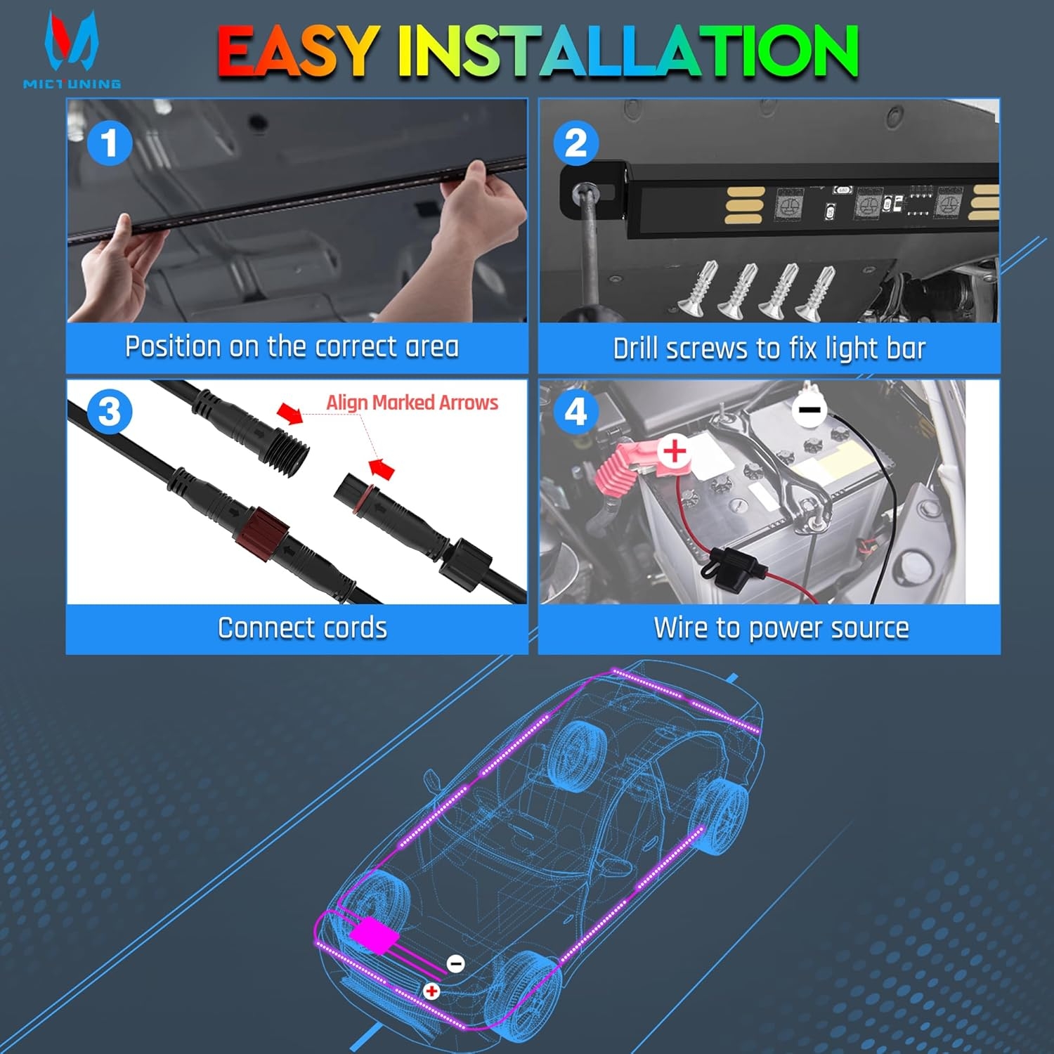 MICTUNING N8 Car Underglow Light Bar Kit, Chasing Color RGB+IC LED, Aluminum Exterior Underbody Multicolor Soundsync Neon Light Strip, Wireless App & Remote Control, IP68 Waterproof, 8PCS - Image 33