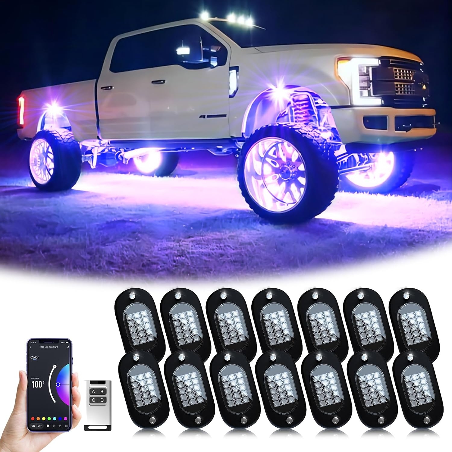 YiLaie RGB LED Rock Lights, 60 LEDs High Brightness Multifunction Neon underglow Kit Waterproof Light with APP/RF Control Multicolor Lights for ATV RZR UTV SUV Off Road Car, DC 12V (4 Pods) - Image 7