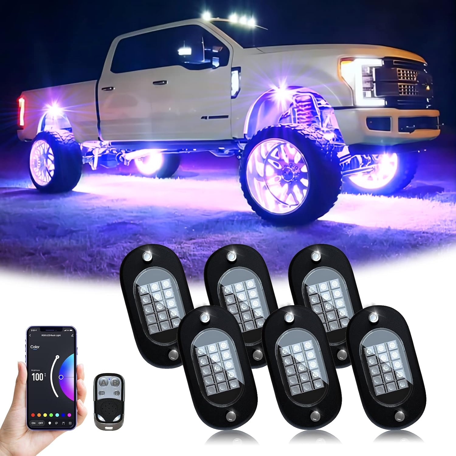 YiLaie RGB LED Rock Lights, 60 LEDs High Brightness Multifunction Neon underglow Kit Waterproof Light with APP/RF Control Multicolor Lights for ATV RZR UTV SUV Off Road Car, DC 12V (4 Pods) - Image 13