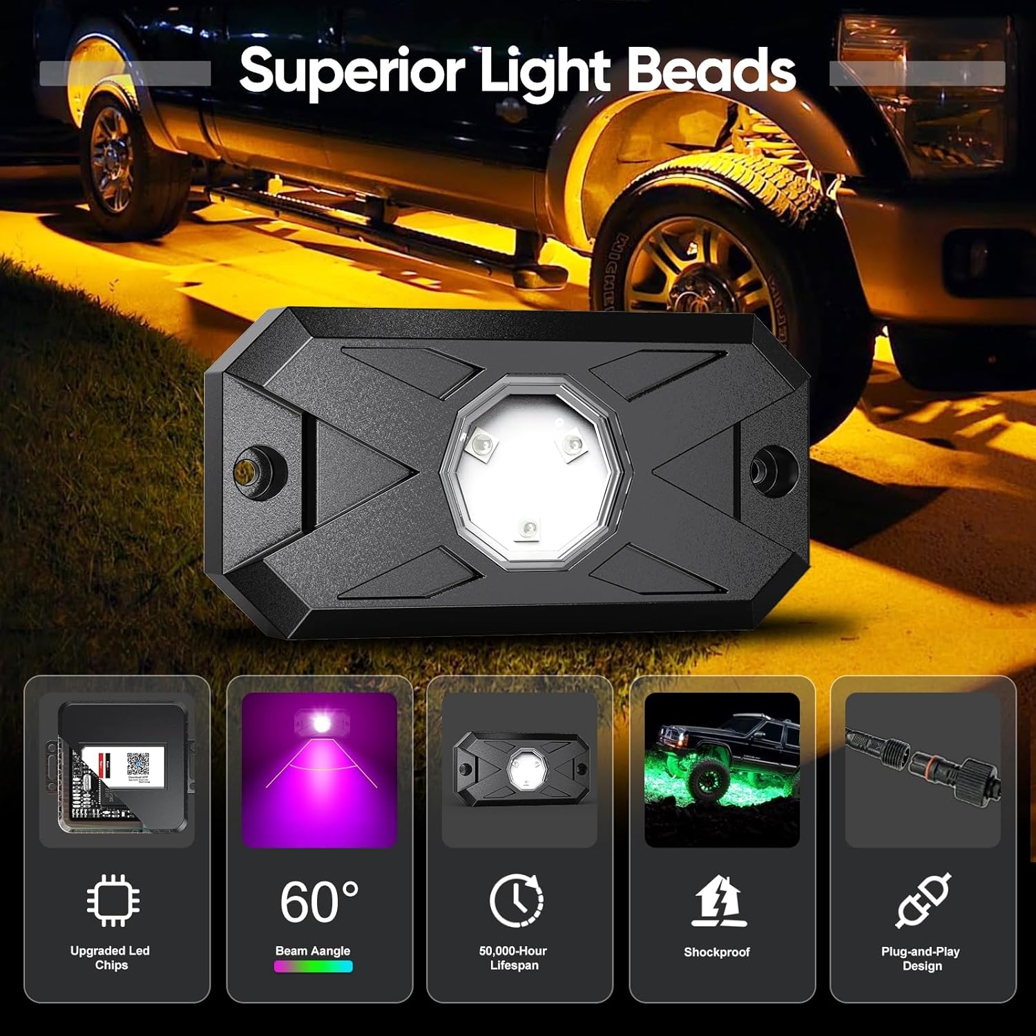 YiLaie RGB LED Rock Lights, 60 LEDs High Brightness Multifunction Neon underglow Kit Waterproof Light with APP/RF Control Multicolor Lights for ATV RZR UTV SUV Off Road Car, DC 12V (4 Pods) - Image 20