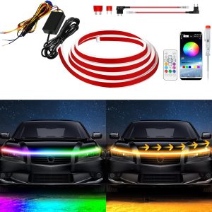 Exterior Car LED Hood Light Strip,RGB Multicolor Dynamic Scan Start Up Hoodbeam Kit with App – Remote Control,59 Inch 12V Updated Waterproof Hood Glow Lights for Cars, Trucks,SUV (1set)