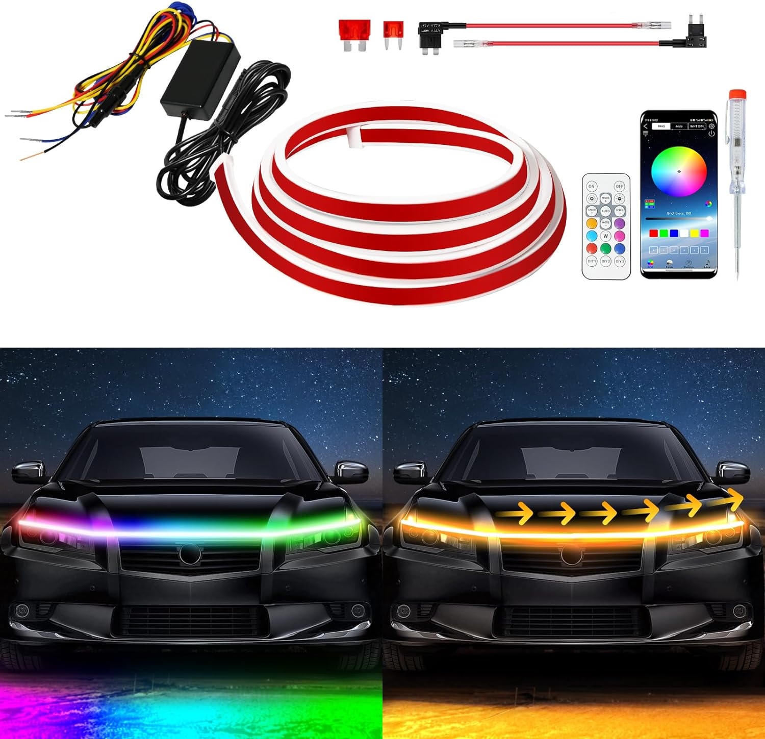Exterior Car LED Hood Light Strip,RGB Multicolor Dynamic Scan Start Up Hoodbeam Kit with App - Remote Control,59 Inch 12V Updated Waterproof Hood Glow Lights for Cars, Trucks,SUV (1set)