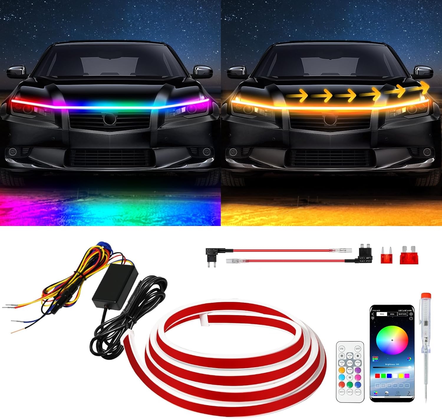 Exterior Car LED Hood Light Strip,RGB Multicolor Dynamic Scan Start Up Hoodbeam Kit with App - Remote Control,59 Inch 12V Updated Waterproof Hood Glow Lights for Cars, Trucks,SUV (1set) - Image 31