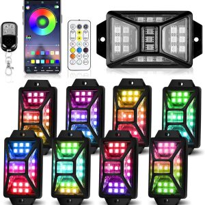 8 Pods Full Angle RGB Rock Lights Compatible with 12V Trucks Jeep UTV SUV ATV Boat Golf Cart, Waterproof, Multi-Color,Brake Light, App/Remote Control Led Rock Lights with Music Mode