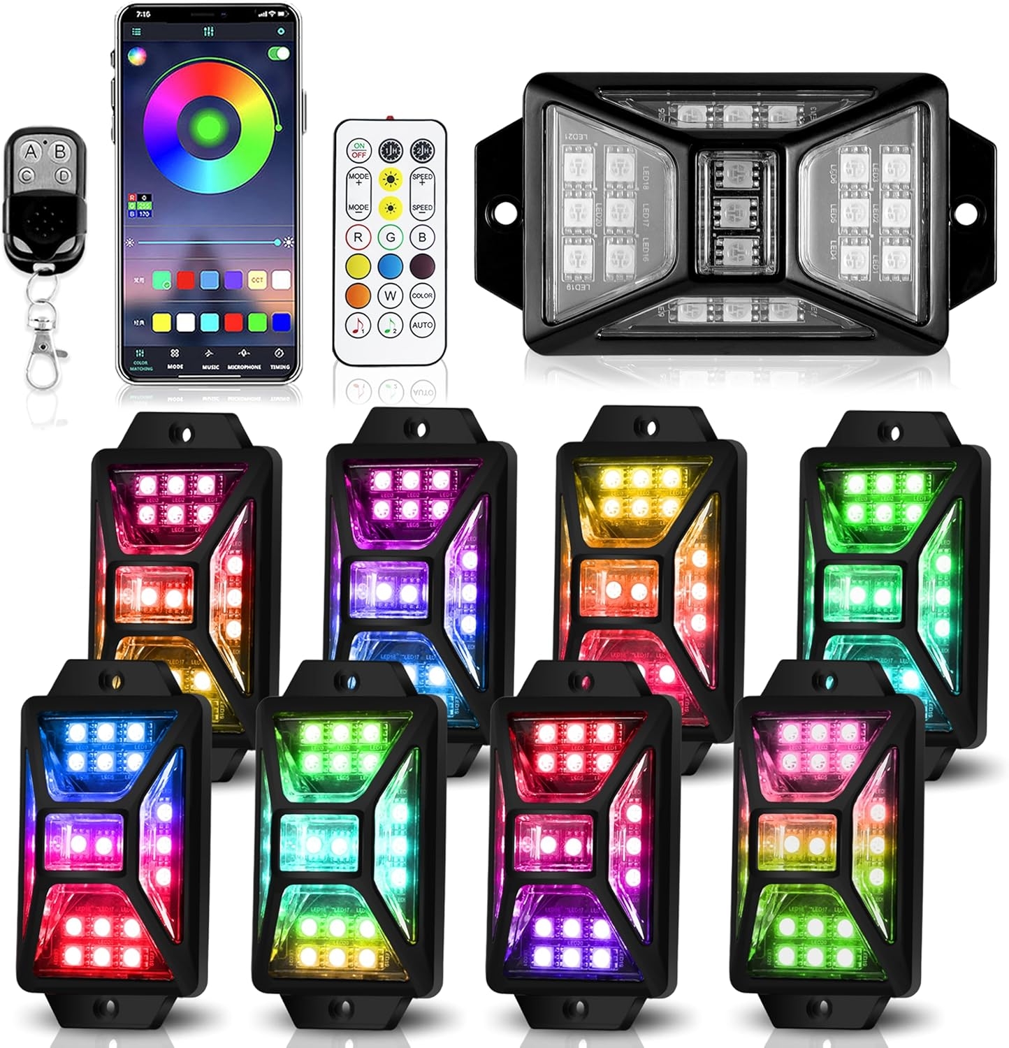 8 Pods Full Angle RGB Rock Lights Compatible with 12V Trucks Jeep UTV SUV ATV Boat Golf Cart, Waterproof, Multi-Color,Brake Light, App/Remote Control Led Rock Lights with Music Mode