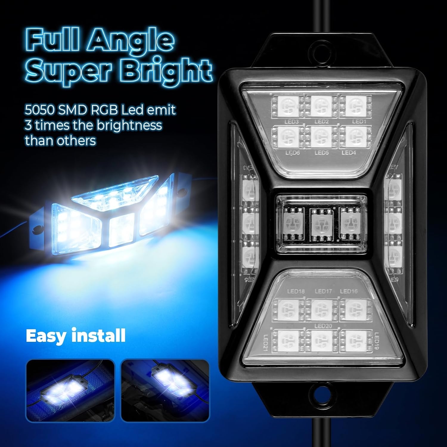 8 Pods Full Angle RGB Rock Lights Compatible with 12V Trucks Jeep UTV SUV ATV Boat Golf Cart, Waterproof, Multi-Color,Brake Light, App/Remote Control Led Rock Lights with Music Mode - Image 2