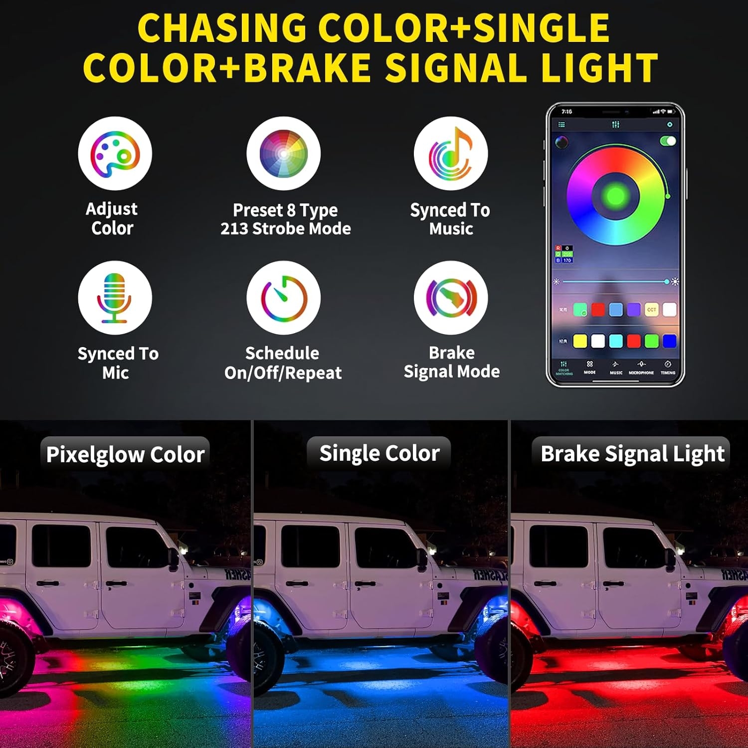 8 Pods Full Angle RGB Rock Lights Compatible with 12V Trucks Jeep UTV SUV ATV Boat Golf Cart, Waterproof, Multi-Color,Brake Light, App/Remote Control Led Rock Lights with Music Mode - Image 3