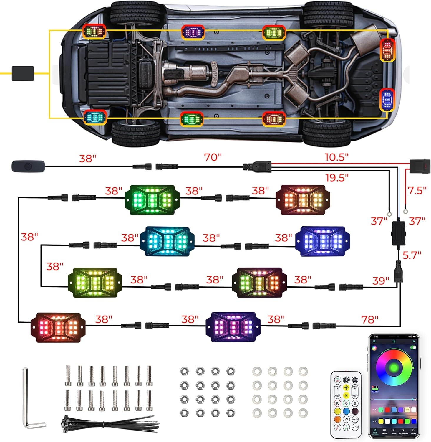 8 Pods Full Angle RGB Rock Lights Compatible with 12V Trucks Jeep UTV SUV ATV Boat Golf Cart, Waterproof, Multi-Color,Brake Light, App/Remote Control Led Rock Lights with Music Mode - Image 6