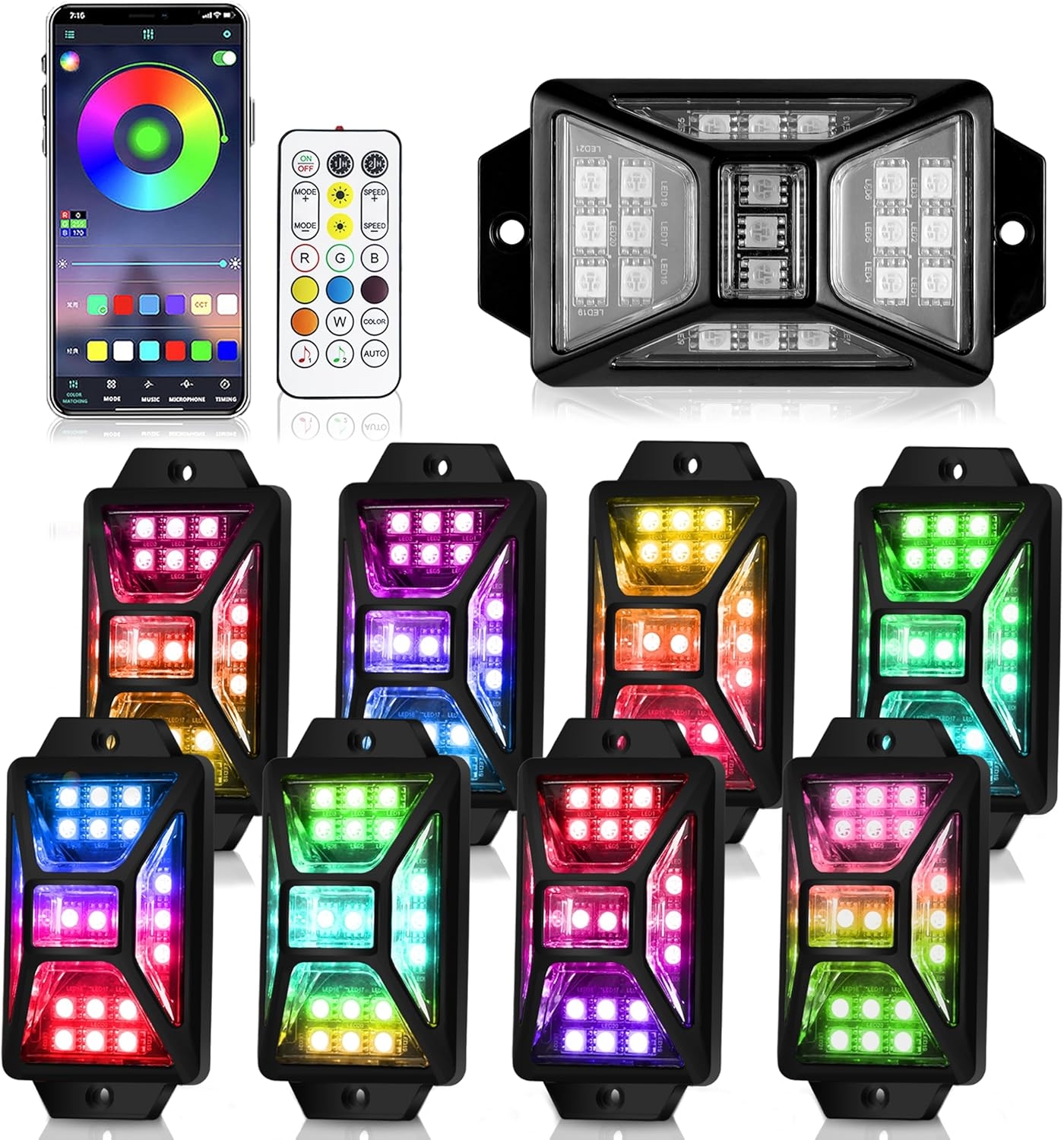 8 Pods Full Angle RGB Rock Lights Compatible with 12V Trucks Jeep UTV SUV ATV Boat Golf Cart, Waterproof, Multi-Color,Brake Light, App/Remote Control Led Rock Lights with Music Mode - Image 9