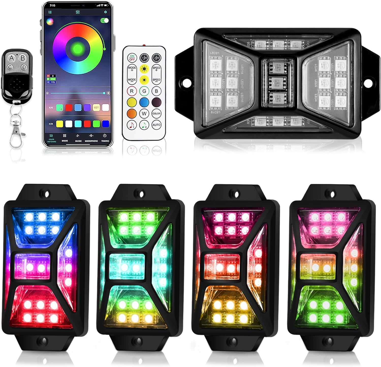 8 Pods Full Angle RGB Rock Lights Compatible with 12V Trucks Jeep UTV SUV ATV Boat Golf Cart, Waterproof, Multi-Color,Brake Light, App/Remote Control Led Rock Lights with Music Mode - Image 10