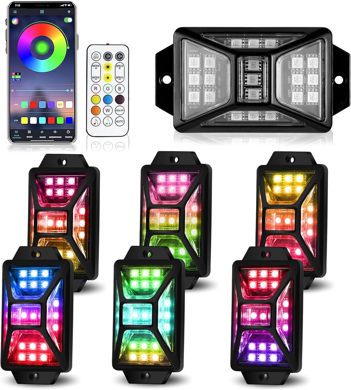 8 Pods Full Angle RGB Rock Lights Compatible with 12V Trucks Jeep UTV SUV ATV Boat Golf Cart, Waterproof, Multi-Color,Brake Light, App/Remote Control Led Rock Lights with Music Mode - Image 13