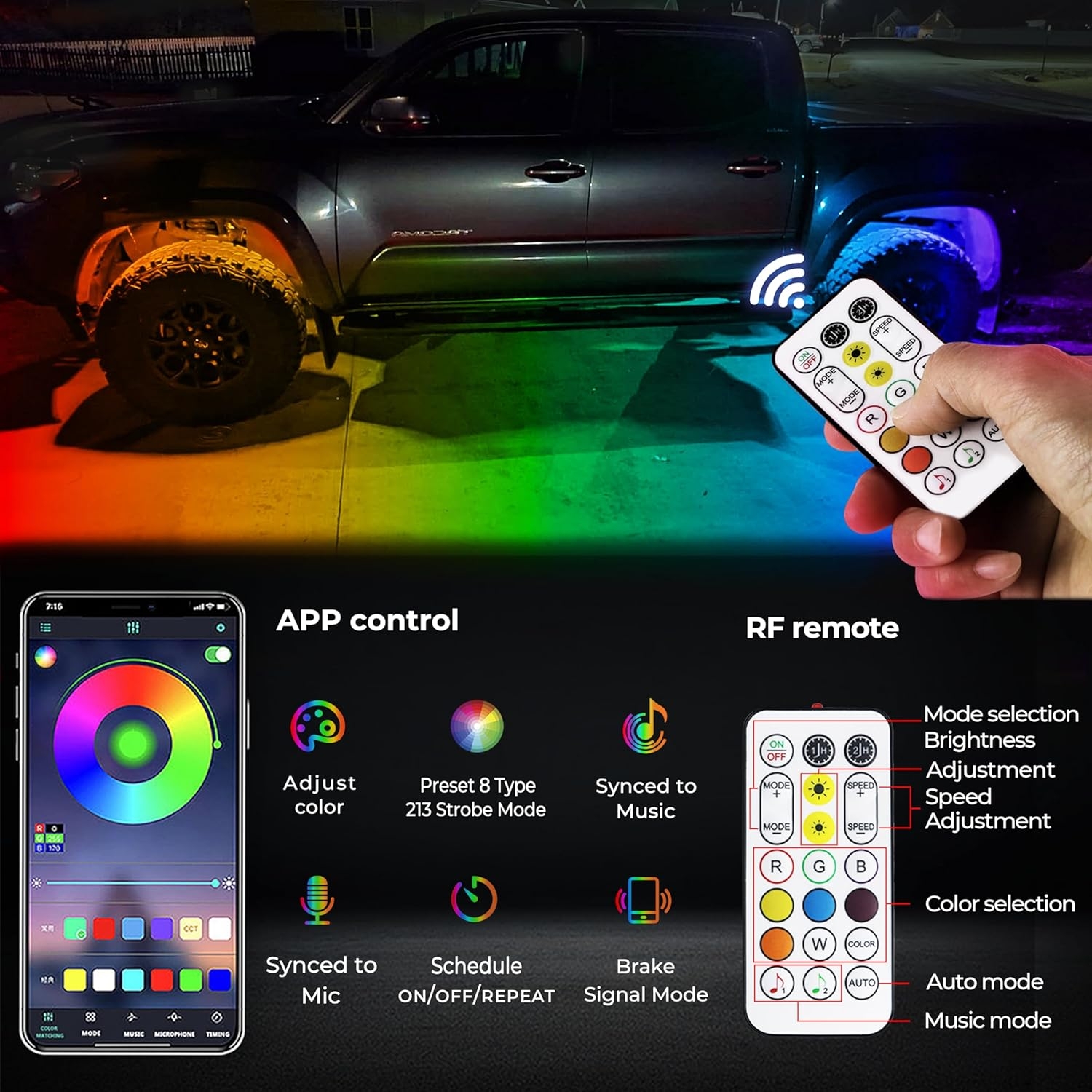 8 Pods Full Angle RGB Rock Lights Compatible with 12V Trucks Jeep UTV SUV ATV Boat Golf Cart, Waterproof, Multi-Color,Brake Light, App/Remote Control Led Rock Lights with Music Mode - Image 14