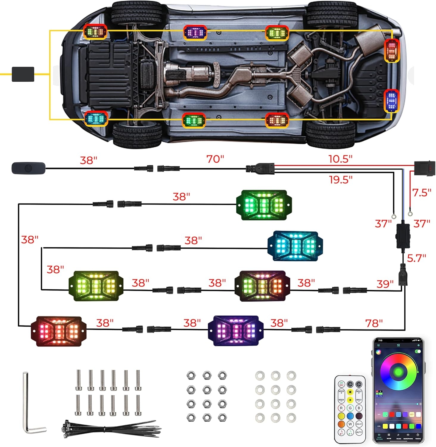 8 Pods Full Angle RGB Rock Lights Compatible with 12V Trucks Jeep UTV SUV ATV Boat Golf Cart, Waterproof, Multi-Color,Brake Light, App/Remote Control Led Rock Lights with Music Mode - Image 15