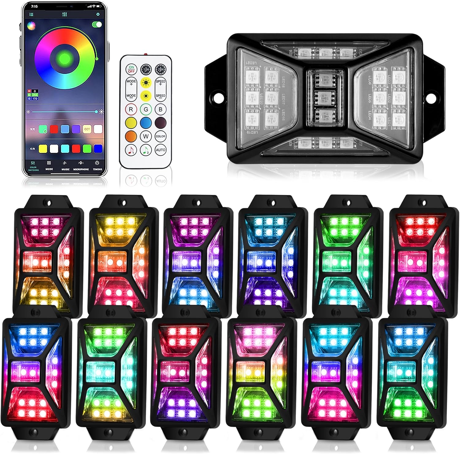 8 Pods Full Angle RGB Rock Lights Compatible with 12V Trucks Jeep UTV SUV ATV Boat Golf Cart, Waterproof, Multi-Color,Brake Light, App/Remote Control Led Rock Lights with Music Mode - Image 16