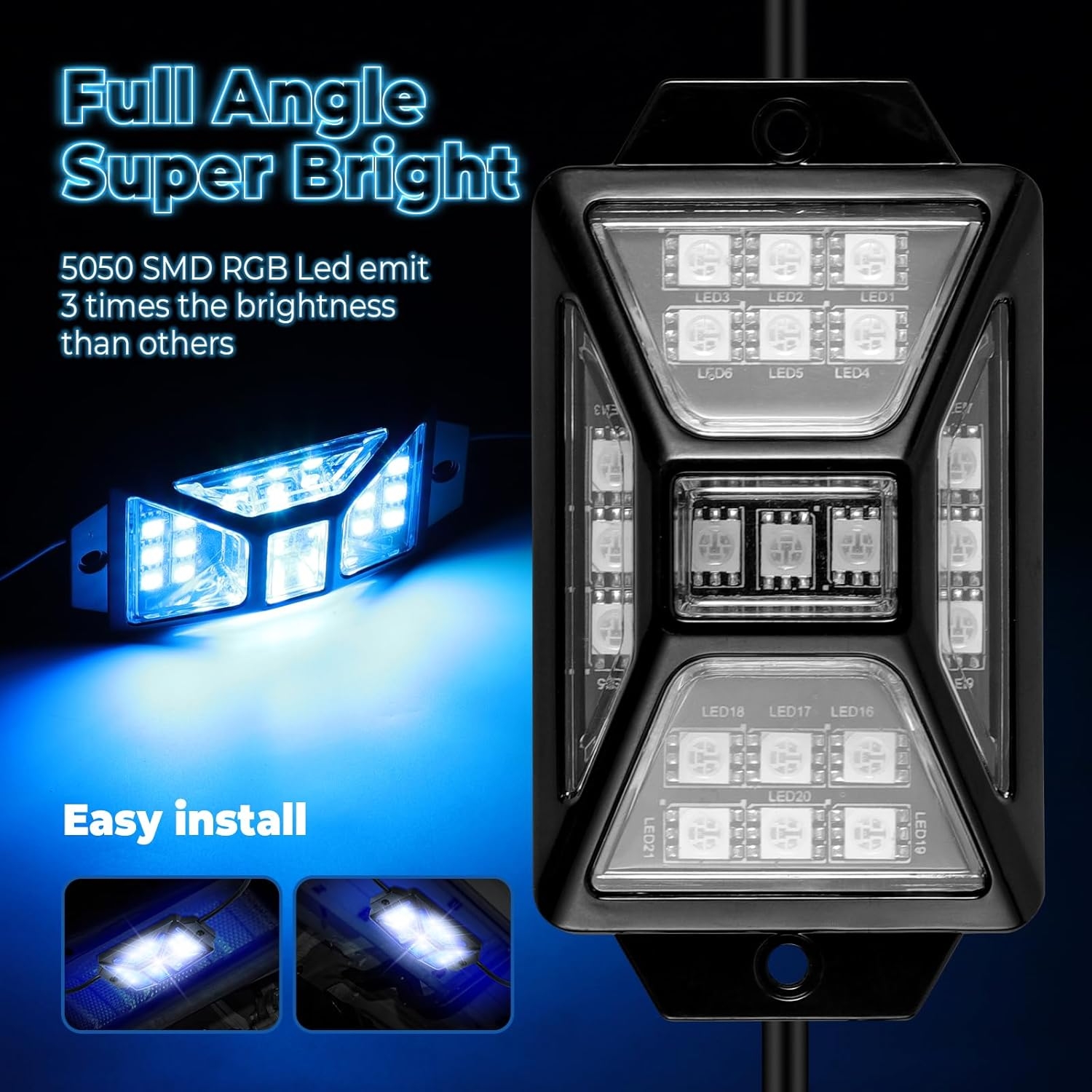 8 Pods Full Angle RGB Rock Lights Compatible with 12V Trucks Jeep UTV SUV ATV Boat Golf Cart, Waterproof, Multi-Color,Brake Light, App/Remote Control Led Rock Lights with Music Mode - Image 20