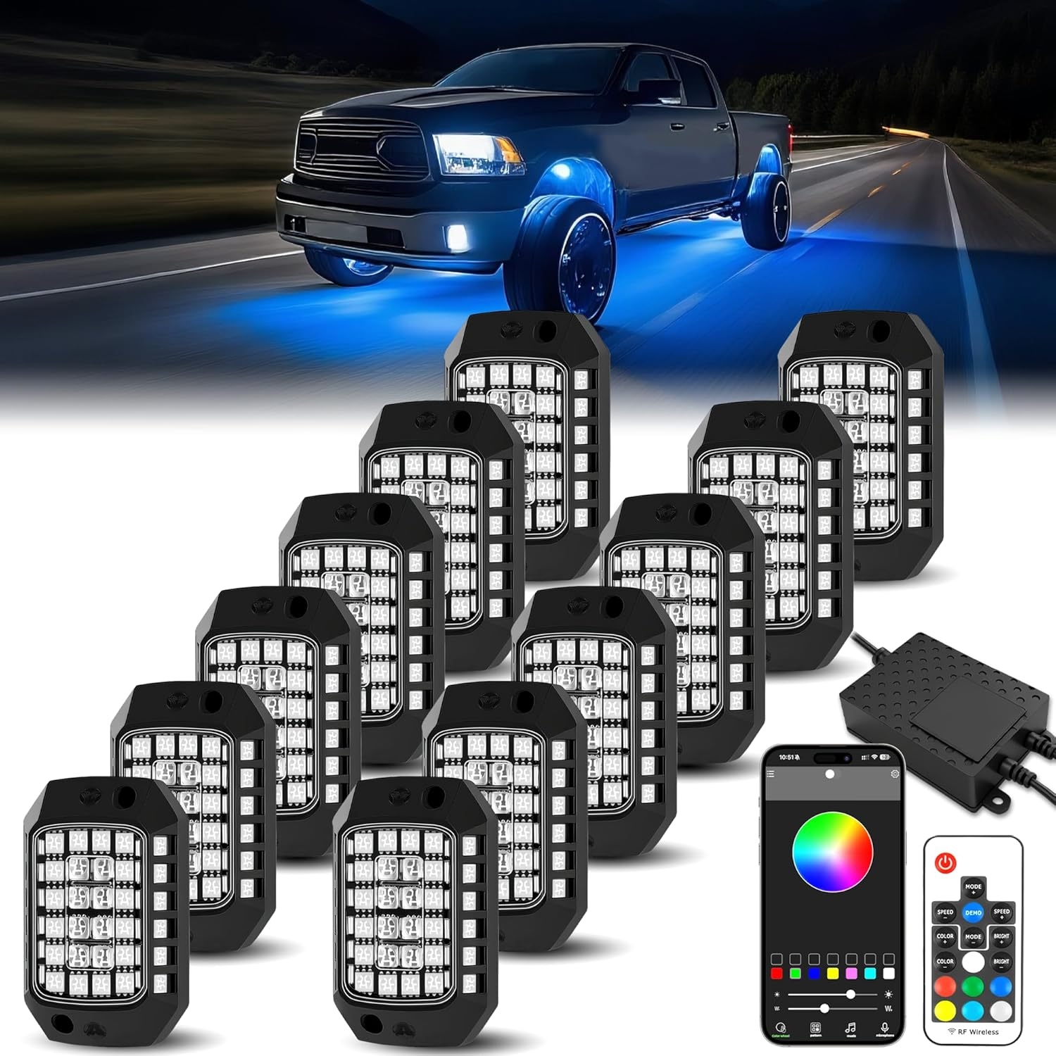 8 Pods Full Angle RGB Rock Lights Compatible with 12V Trucks Jeep UTV SUV ATV Boat Golf Cart, Waterproof, Multi-Color,Brake Light, App/Remote Control Led Rock Lights with Music Mode - Image 23